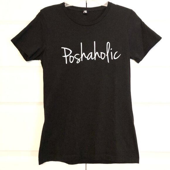POSHMARK Poshaholic Logo Graphic Tee Short Sleeve Fitted T-Shirt Black L - Picture 1 of 4